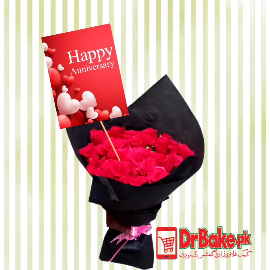 24 Fresh Red Roses Stems with Happy Anniversary Day Card