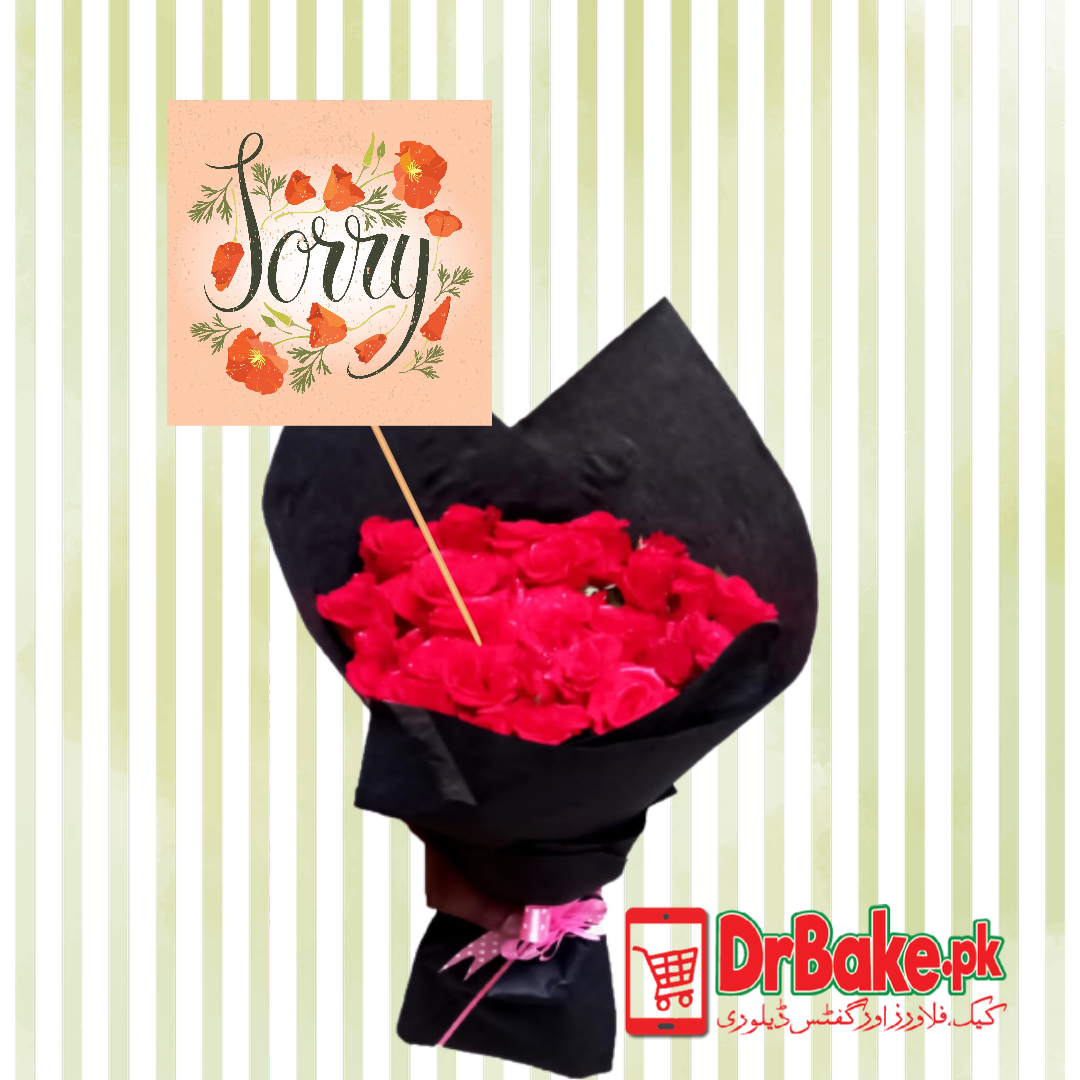 24 Fresh Red Roses Stems with Sorry Card