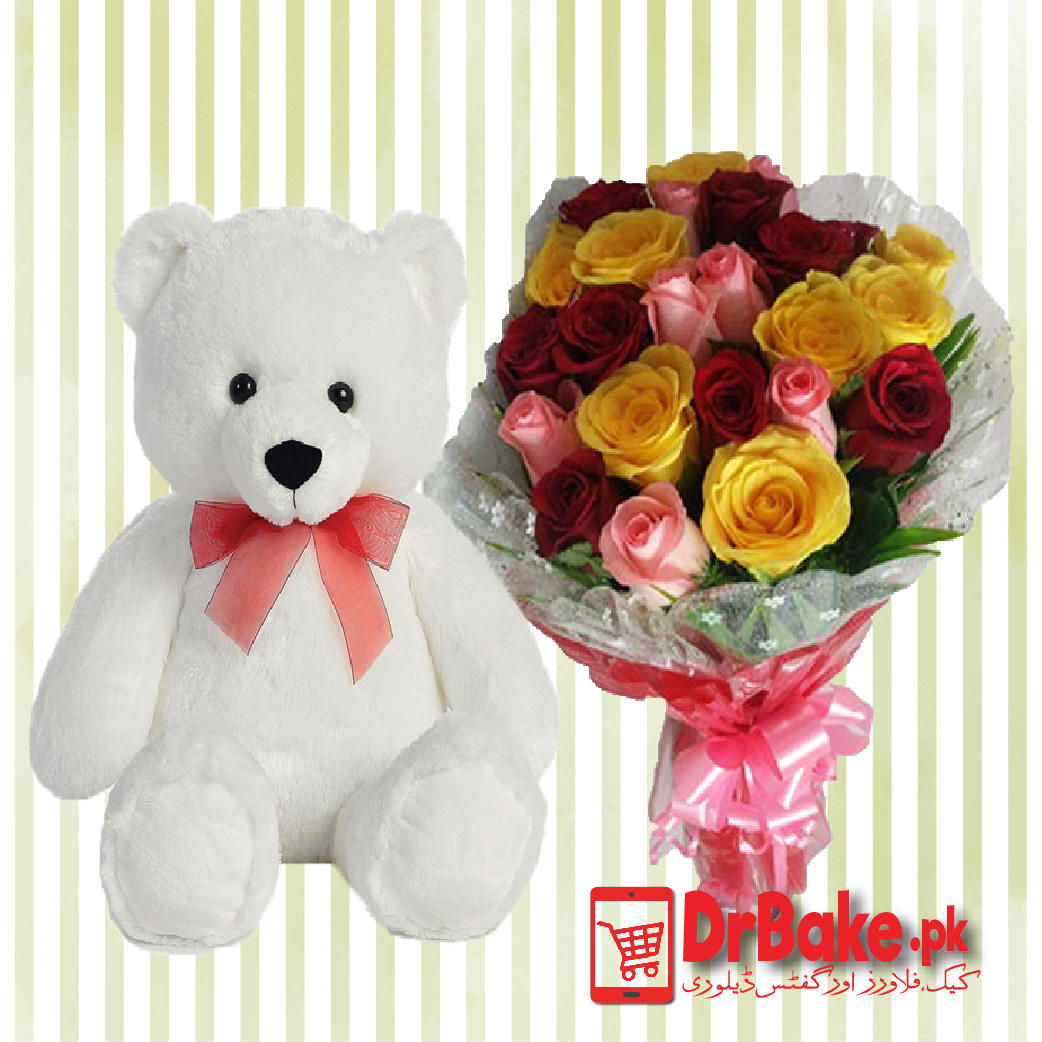 Multi Colors Roses with Teddy Bear